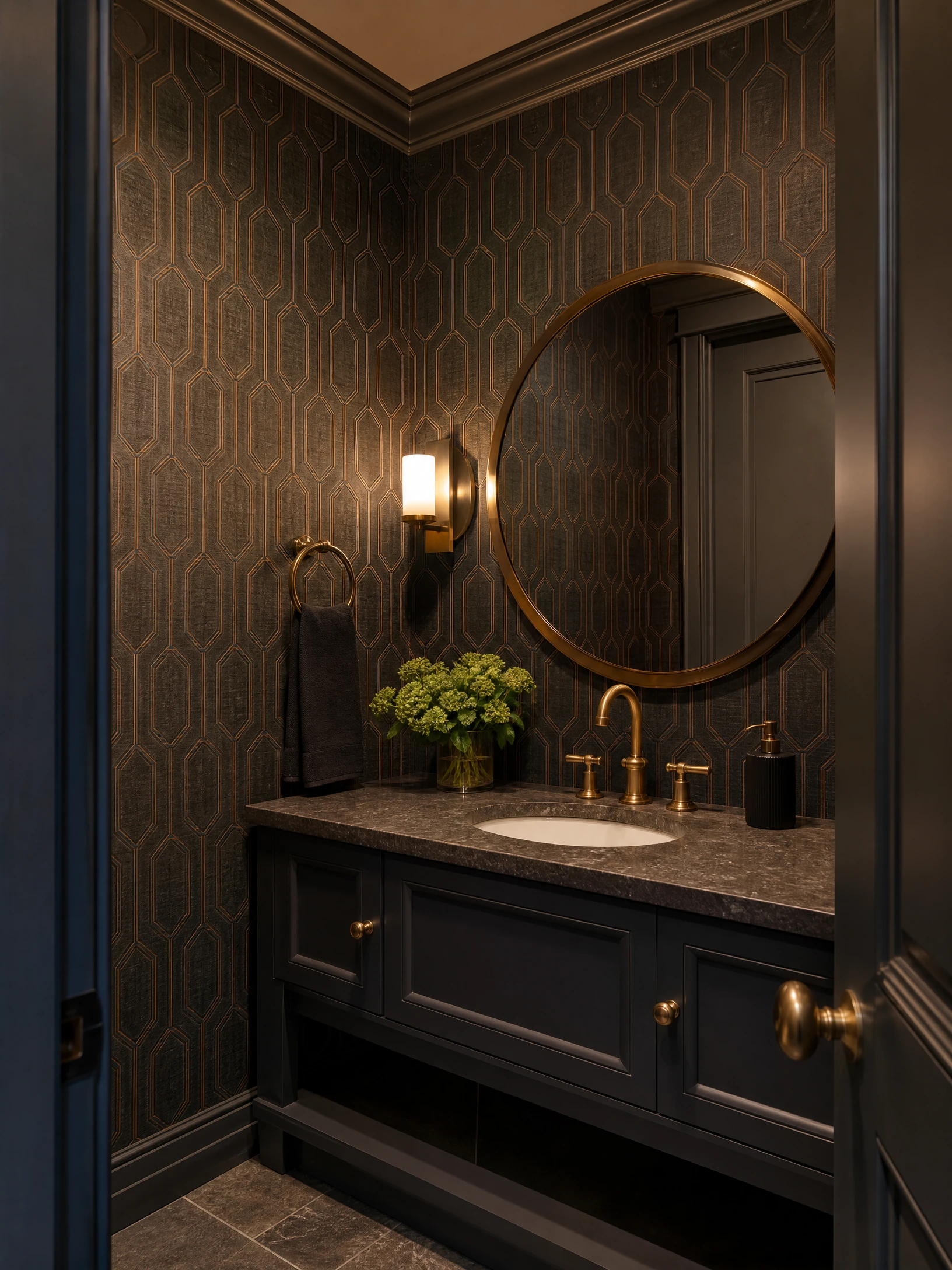Powder room accent wallpaper installation by Canvas Design Atelier